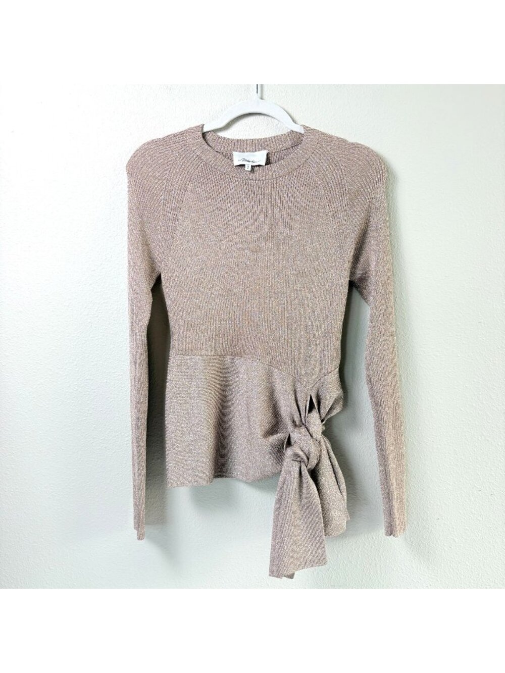 3.1 Phillip Lim Metallic Rib Knit Sweater Size S Cream Side Tie Waist Crew Neck